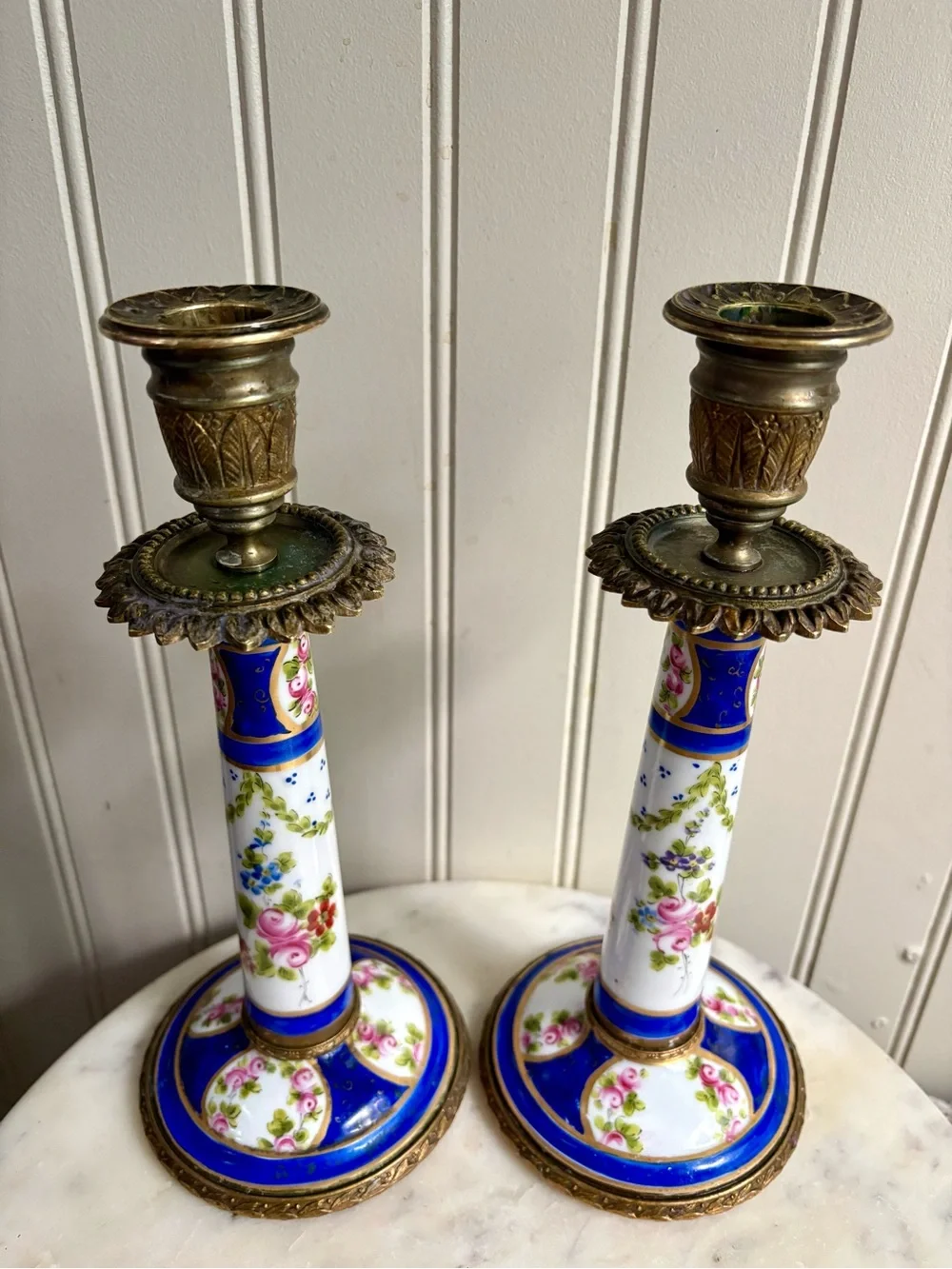 Antique L.P. Paris Sèvres-Style Porcelain & Bronze Hand-Painted Candlesticks VTG